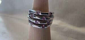 Silver Tone Multi Band Pink Crystal Statement Ring Size 10 Unmarked Fashion